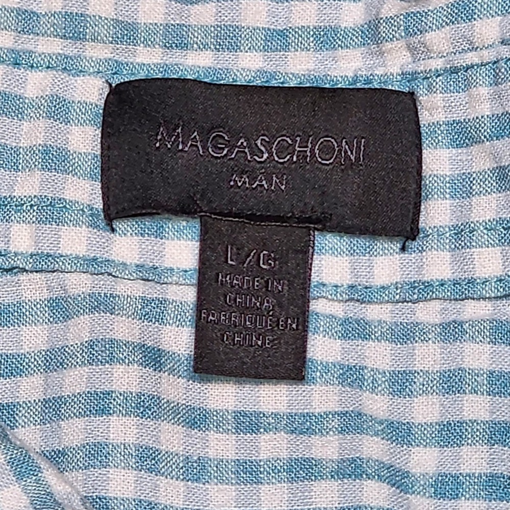 Magaschoni Mens L Blue Check Button Up Long Sleeve Shirt Linen Blend Roll Sleeve - Picture 6 of 7